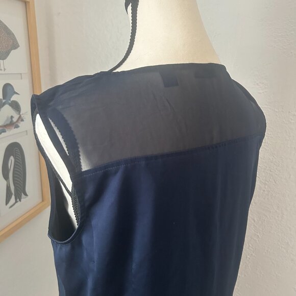 ESPRIT Navy Blue Satin Sleeveless Top Scoop Neck Rushing & Shoulder Detail Large - Picture 5 of 11